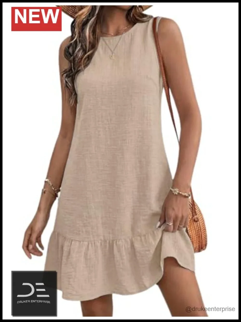Womens Casual Summer Dress Tie Back Crew Neck Sleeveless Tank Mini Dress Ruffle